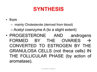 SYNTHESIS
• from
– mainly Cholesterole (derived from blood)
– Acetyl coenzyme A (to a slight extent)
• PROGESTERONE AND an...