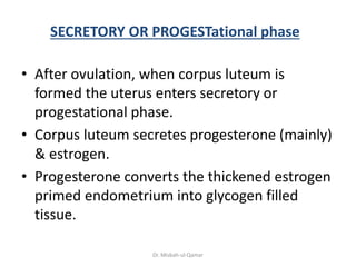SECRETORY OR PROGESTational phase
• After ovulation, when corpus luteum is
formed the uterus enters secretory or
progestat...