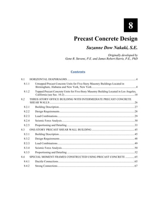 FEMA P-751, NEHRP Recommended Provisions: Design Examples
7 – 56
The combination that results in maximum compression is:
Pu = 1.42(367.2) + 0.5(78.0) + 1.0(33.7) = 595 kips (compression)
The combination for minimum compression (or tension) is:
Pu = 0.68(367.2) - 1.0(33.7) = 216 kips (compression)
The maximum axial compression force of 595 kips is greater than 0.1fc'Ag = 0.1(5)(302
) = 450 kips, so the
design is based on ACI 318 Section 21.6 for columns (see ACI 318 Sec. 21.6.1). According to ACI 318
Section 21.6.2, the sum of nominal column flexural strengths at the joint must be at least 6/5 of the sum of
nominal flexural strength of the beams framing into the column. Beam moments at the face of the
support are used for this computation. These capacities are provided in Table 7-16.
Nominal (negative) moment strength at end A' of Span A-A' = 4,875/0.9 = 5,417 inch-kips
Nominal (positive) moment strength at end A' of Span A' B = 3,727/0.9 = 4,141 inch-kips
Sum of beam moment at the joint = 5,417 + 4,141 = 9,558 inch-kips
Required sum of column design moments = 6/5 × 9,558 = 11,469 inch-kips.
Individual column design moment = 11,469/2 = 5,735 inch-kips
Knowing the factored axial load and the required design flexural strength, a column with adequate
capacity must be selected. Figure 7-23 shows a P-M interaction curve for a 30- by 30-inch column with
longitudinal reinforcing consisting of twelve #8 bars (1.05 percent steel). Computed using PCA Column,
the curve is based on a φ factor of 1.0 as required for nominal strength. At axial forces of 595 kips and
216 kips, solid horizontal lines are drawn. The dots on the lines represent the required average nominal
flexural strength (5,735 inch-kips) at each axial load level. These dots must lie to the left of the curve
representing the nominal column strengths. Since the dots are within the capacity curve for both design
and nominal moments strengths at both the minimum and maximum axial forces, this column design is
clearly adequate.
 