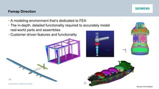Unrestricted © Siemens AG 2016
Siemens PLM Software
Femap Direction
• A modeling environment that’s dedicated to FEA
• The in-depth, detailed functionality required to accurately model
real-world parts and assemblies
• Customer driven features and functionality
 