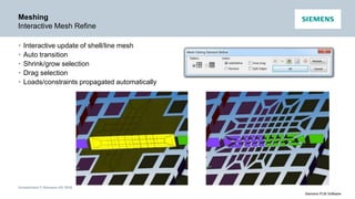 Unrestricted © Siemens AG 2016
Siemens PLM Software
Meshing
Interactive Mesh Refine
• Interactive update of shell/line mesh
• Auto transition
• Shrink/grow selection
• Drag selection
• Loads/constraints propagated automatically
 