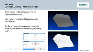 Unrestricted © Siemens AG 2016
Siemens PLM Software
Meshing
Geometry Cleanup – Meshing Toolbox
Small curves and extraneous points are
captured in the mesh
New feature removal tools to permanently
remove them
Similar to composite curves and composite
surfaces, but done at a geometric (Parasolid)
level
 