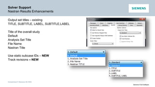 Unrestricted © Siemens AG 2016
Siemens PLM Software
Solver Support
Nastran Results Enhancements
Output set titles – existing
TITLE, SUBTITLE, LABEL, SUBTITLE,LABEL
Title of the overall study
Default
Analysis Set Title
File Name
Nastran Title
Use static subcase IDs – NEW
Track revisions – NEW
 
