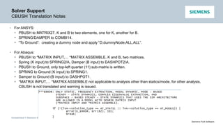 Unrestricted © Siemens AG 2016
Siemens PLM Software
Solver Support
CBUSH Translation Notes
• For ANSYS:
 PBUSH to MATRIX27. K and B to two elements, one for K, another for B.
 SPRING/DAMPER to COMBI14.
 “To Ground”: creating a dummy node and apply “D,dummyNode,ALL,ALL”.
• For Abaqus:
 PBUSH to *MATRIX INPUT,… *MATRIX ASSEMBLE. K and B, two matrices.
 Spring (K input) to SPRING2/A, Damper (B input) to DASHPOT2/A.
 PBUSH to Ground, only top-left quarter (11) sub-matrix is written.
 SPRING to Ground (K input) to SPRING1.
 Damper to Ground (B input) to DASHPOT1.
 *MATRIX INPUT,… *MATRIX ASSEMBLE not applicable to analysis other than statics/mode, for other analysis,
CBUSH is not translated and warning is issued.
 