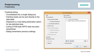 Unrestricted © Siemens AG 2016
Siemens PLM Software
Postprocessing
Freebodies
Freebody listing
• Consolidated into a single dialog box
• Interface loads can be sent directly to the
data table
• Clipboard is a new listing destination option
for tab delimited data
• Listing of F06-style GPFO data has been
streamlined
• Dialog remembers previous settings
 