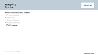 Unrestricted © Siemens AG 2016
Siemens PLM Software
Femap 11.3
Overview
New functionality and updates
• Preprocessing
• Meshing
• Solver support
• Postprocessing
• Performance
 