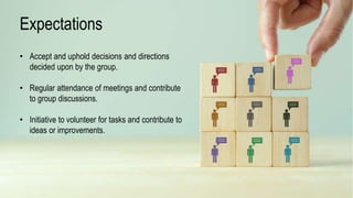 Expectations
• Accept and uphold decisions and directions
decided upon by the group.
• Regular attendance of meetings and contribute
to group discussions.
• Initiative to volunteer for tasks and contribute to
ideas or improvements.
 