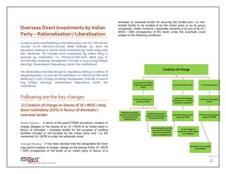 2
Overseas Direct Investments by Indian
Party – Rationalization / Liberalization
In order to grant more flexibility to the Indian party Vide A.P. (DIR Series)
Circular No.54 RBI/2014-15/371 dated December 29, 2014 the
regulations relating to overseas direct investment by Indian party have
been liberalized. The Overseas Direct Investments by Indian Party is
governed by Notification No. FEMA.120/RB-2004 dated July 7,
2004[Foreign Exchange Management (Transfer or Issue of any Foreign
Security) (Amendment) Regulations, 2004] (the Notification).
The liberalization have been brought in regulations relating to creation of
charge,Regulation 18 and 18A of Notification No. FEMA.120/RB-2004
dated July 7, 2004 [Foreign Exchange Management (Transfer or Issue of
any Foreign Security) (Amendment) Regulations, 2004] (the
Notification).
Following are the key changes
(i) Creation of charge on shares of JV / WOS / step
down subsidiary (SDS) in favour of domestic /
overseas lender
Extant Position : In terms of the extant FEMA provisions, creation of
charge (pledge) on the shares of an JV / WOS of an Indian party in
favour of domestic / overseas lender for the purpose of availing
facilities (funded or non-funded) by the Indian party and / or the
concerned JV / WOS is under the automatic route.
Changed Position : It has been decided that the designated AD bank
may permit creation of charge / pledge on the shares of the JV / WOS
/ SDS (irrespective of the level) of an Indian party in favour of a
domestic or overseas lender for securing the funded and / or non-
funded facility to be availed of by the Indian party or by its group
companies / sister concerns / associate concerns or by any of its JV /
WOS / SDS (irrespective of the level) under the automatic route
subject to the following conditions:
Creation of charge
on shares of JV / WOS /
step down subsidiary
(SDS)
in favour of domestic /
overseas lender
Presently automatic
route but not allowed to
be used by Group
companies etc
presently Automatic
route but not allowed on
the shares of SDS
to be changed to include
the shares of SDS and
use to be extended to
group companies etc
on the domestic assets
in favour of overseas
lenders to the JV / WOS /
step down subsidiary
Presently requires prior
approval of RBI
to be changed to
Automatic route subject
to conditions
on overseas assets
in favour of domestic
lender
Presently requires prior
approval of RBI
Automatic route subject
to conditions
 