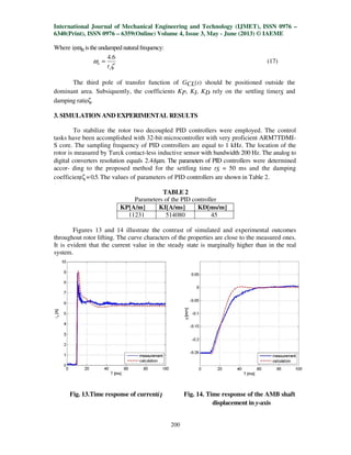 International Journal of Mechanical Engineering and Technology (IJMET), ISSN 0976 –
6340(Print), ISSN 0976 – 6359(Online) Volume 4, Issue 3, May - June (2013) © IAEME
200
Where inωnistheundamped naturalfrequency:
ζ
ω
s
n
t
6.4
= (17)
The third pole of transfer function of GCL(s) should be positioned outside the
dominant area. Subsiquently, the coefficients KP, KI, KD rely on the settling timetS and
damping ratioζ.
3. SIMULATION AND EXPERIMENTAL RESULTS
To stabilize the rotor two decoupled PID controllers were employed. The control
tasks have been accomplished with 32-bit microcontroller with very proficient ARM7TDMI-
S core. The sampling frequency of PID controllers are equal to 1 kHz. The location of the
rotor is measured by Turck contact-less inductive sensor with bandwidth 200 Hz. The analog to
digital converters resolution equals 2.44µm. The parameters of PID controllers were determined
accor- ding to the proposed method for the settling time tS = 50 ms and the damping
coefficientζ=0.5.The values of parameters of PID controllers are shown in Table 2.
TABLE 2
Parameters of the PID controller
KP[A/m] KI[A/ms] KD[ms/m]
11231 514080 45
Figures 13 and 14 illustrate the contrast of simulated and experimental outcomes
throughout rotor lifting. The curve characters of the properties are close to the measured ones.
It is evident that the current value in the steady state is marginally higher than in the real
system.
Fig. 13.Time response of currenti1 Fig. 14. Time response of the AMB shaft
displacement in y-axis
 