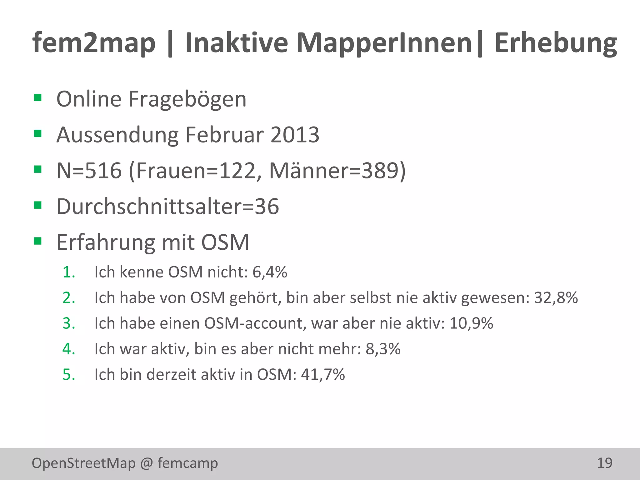 fem2map | Inaktive MapperInnen| Erhebung
   Online Fragebögen
   Aussendung Februar 2013
   N=516 (Frauen=122, Männer=389)
   Durchschnittsalter=36
   Erfahrung mit OSM
    1.   Ich kenne OSM nicht: 6,4%
    2.   Ich habe von OSM gehört, bin aber selbst nie aktiv gewesen: 32,8%
    3.   Ich habe einen OSM-account, war aber nie aktiv: 10,9%
    4.   Ich war aktiv, bin es aber nicht mehr: 8,3%
    5.   Ich bin derzeit aktiv in OSM: 41,7%



OpenStreetMap @ femcamp                                                      19
 