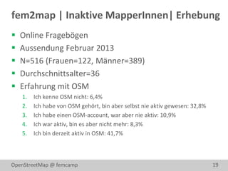 fem2map | Inaktive MapperInnen| Erhebung
   Online Fragebögen
   Aussendung Februar 2013
   N=516 (Frauen=122, Männer=389)
   Durchschnittsalter=36
   Erfahrung mit OSM
    1.   Ich kenne OSM nicht: 6,4%
    2.   Ich habe von OSM gehört, bin aber selbst nie aktiv gewesen: 32,8%
    3.   Ich habe einen OSM-account, war aber nie aktiv: 10,9%
    4.   Ich war aktiv, bin es aber nicht mehr: 8,3%
    5.   Ich bin derzeit aktiv in OSM: 41,7%



OpenStreetMap @ femcamp                                                      19
 
