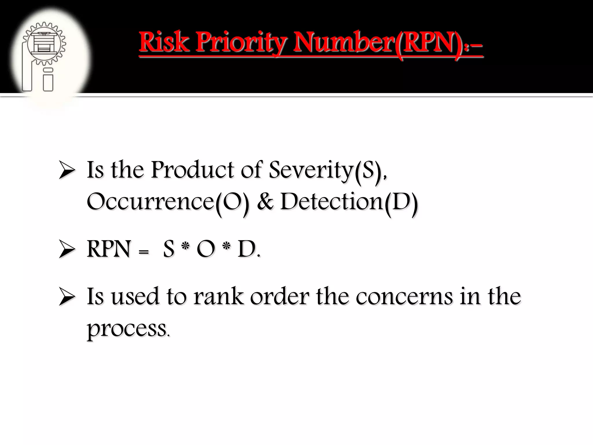  Is the Product of Severity(S),
Occurrence(O) & Detection(D)
 RPN = S * O * D.
 Is used to rank order the concerns in the
process.
Risk Priority Number(RPN):-
 