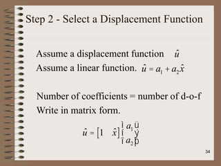 Step 2 - Select a Displacement Function
Assume a displacement function
Assume a linear function.
Number of coefficients = number of d-o-f
Write in matrix form.
û
û = a1 + a2x̂
û = 1 x̂
[ ]
a1
a2
ì
í
î
ü
ý
þ
34
 