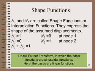 Shape Functions
N1 and N2 are called Shape Functions or
Interpolation Functions. They express the
shape of the assumed displacements.
N1 =1 N2 =0 at node 1
N1 =0 N2 =1 at node 2
N1 + N2 =1
Recall Fourier Transform, in which the basis
functions are sinusoidal functions.
Here, the bases are linear functions! 38
 