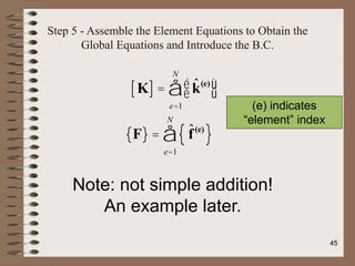 Step 5 - Assemble the Element Equations to Obtain the
Global Equations and Introduce the B.C.
K
[ ] = k̂(e)
é
ë
ù
û
e=1
N
å
F
{ } = f̂(e)
{ }
e=1
N
å
Note: not simple addition!
An example later.
(e) indicates
“element” index
45
 