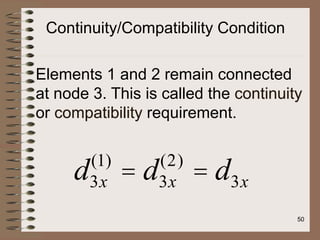 Elements 1 and 2 remain connected
at node 3. This is called the continuity
or compatibility requirement.
d3x
(1)
= d3x
(2)
= d3x
Continuity/Compatibility Condition
50
 