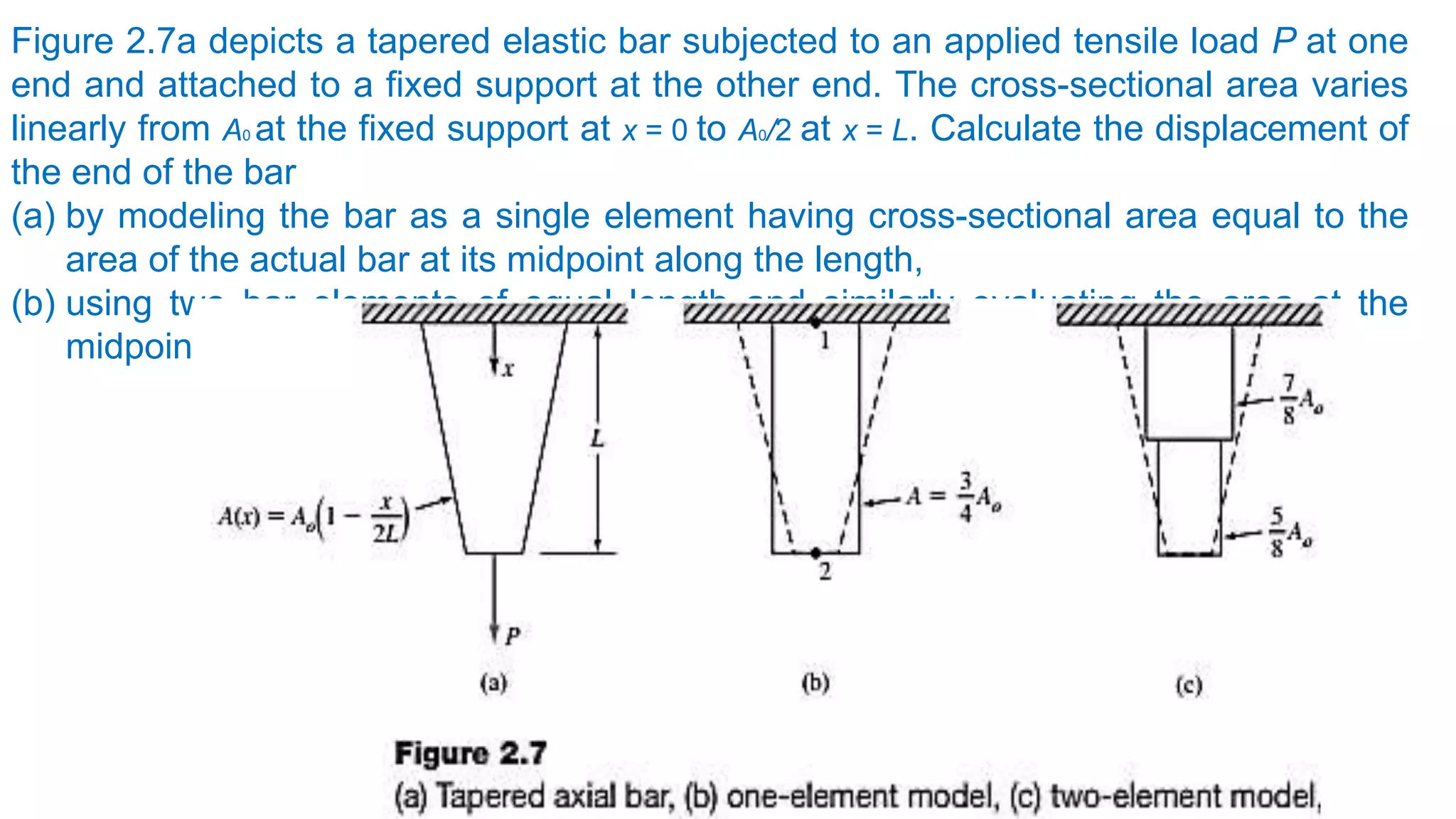 Figure 2.7a depicts a tapered elastic bar subjected to an applied tensile load P at one
end and attached to a fixed support at the other end. The cross-sectional area varies
linearly from A0 at the fixed support at x = 0 to A0/2 at x = L. Calculate the displacement of
the end of the bar
(a) by modeling the bar as a single element having cross-sectional area equal to the
area of the actual bar at its midpoint along the length,
(b) using two bar elements of equal length and similarly evaluating the area at the
midpoint of each.
 