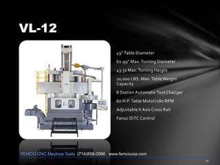VL-12
49”Table Diameter
62.99” Max. Turning Diameter
43.31 Max. Turning Height
10,000 LBS. Max. Table Weight
Capacity
8 Station Automatic Tool Changer
60 H.P. Table Motor/280 RPM
Adjustable X Axis Cross Rail
Fanuc OiTC Control
FEMCO CNC Machine Tools (714)898-2066 www.femcousa.com
 