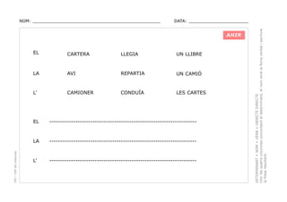 DATA: _______________________

AHIR
EL

CARTERA

LLEGIA

UN LLIBRE

LA

AVI

REPARTIA

UN CAMIÓ

L’

CAMIONER

CONDUÏA

LES CARTES

--------------------------------------------------------------------

LA
PEC i CRP del Solsonès

EL

--------------------------------------------------------------------

L’

--------------------------------------------------------------------

DETERMINANT + NOM + VERB + OBJECTE DIRECTE.
Unir les quatre columnes concordant el determinant, el nom amb la foma verbal i escriure
la frase resultant.

NOM: _________________________________________________

 