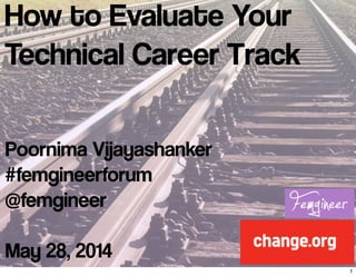 How to Evaluate Your
Technical Career Track
Poornima Vijayashanker
#femgineerforum
@femgineer
May 28, 2014
1
 