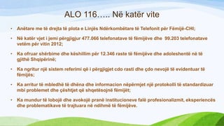 ALO 116….. Në katër vite
•

Anëtare me të drejta të plota e Linjës Ndërkombëtare të Telefonit për Fëmijë-CHI;

•

Në katër vjet i jemi përgjigjur 477.066 telefonatave të fëmijëve dhe 99.203 telefonatave
vetëm për vitin 2012;

•

Ka ofruar shërbime dhe këshillim për 12.346 raste të fëmijëve dhe adoleshentë në të
gjithë Shqipërinë;

•

Ka ngritur njё sistem referimi që i pёrgjigjet cdo rasti dhe çdo nevojё tё evidentuar të
fëmijës;

•

Ka arritur tё mbledhё të dhëna dhe informacion nëpërmjet një protokolli të standardizuar
mbi problemet dhe çёshtjet qё shqetёsojnё fёmijёt;

•

Ka mundur tё lobojё dhe avokojё pranё institucioneve falё profesionalizmit, eksperiencës
dhe problematikave të trajtuara në ndihmë të fëmijëve.

 