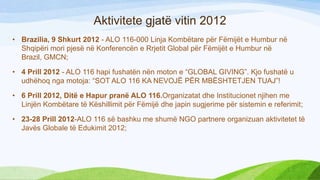Aktivitete gjatë vitin 2012
• Brazilia, 9 Shkurt 2012 - ALO 116-000 Linja Kombëtare për Fëmijët e Humbur në
Shqipëri mori pjesë në Konferencën e Rrjetit Global për Fëmijët e Humbur në
Brazil, GMCN;
• 4 Prill 2012 - ALO 116 hapi fushatën nën moton e “GLOBAL GIVING”. Kjo fushatë u
udhëhoq nga motoja: “SOT ALO 116 KA NEVOJË PËR MBËSHTETJEN TUAJ”!
• 6 Prill 2012, Ditё e Hapur pranё ALO 116.Organizatat dhe Institucionet njihen me
Linjёn Kombёtare tё Kёshillimit pёr Fёmijё dhe japin sugjerime pёr sistemin e referimit;
• 23-28 Prill 2012-ALO 116 së bashku me shumë NGO partnere organizuan aktivitetet të
Javës Globale të Edukimit 2012;

 