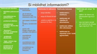 Si mblidhet informacioni?
Telefonata për këshillim:

•
•

këshillim psikosocial
për:

Telefonatat për
Informacion
•

marrëdhëniet me
partnerin/en,;

•

problemet afektive;

•

•

marrëdhëniet
familjare, dhuna dhe
abuzimi;
•

•

fenomeni i
bulizmit, problemet
me mësuesit;

•

problemet
akademike;

•
•

për të kërkuar
informacion mbi
shërbimet e ALO 116;

Telefonata të ndërprera Telefonata testuese
•
•

mbi stadet e zhvillimit •
të
fëmijëve, karakteristik
at;
pyesin mbi
drogat, duhanin dhe
çështjet e HIV-AIDS-it;

•

marrëdhëniet
seksuale me
partnerët;

lypja, varësia nga
substancat;

•

marrëdhëniet midis
adoleshentëve apo;

problemet në
përdorimin e
internetit etj

•

marrëdhëniet me
prindërit dhe
mësuesit;

arsye teknike;

•

arsye të fluksit të lartë;
•
prania e papritur e një
personi të rritur;

Telefonata për arsye “të
tjera”

telefonatat e
heshtura;

•

telefonata në
mjedise të
zhurmshme;

qëllimi i të cilave nuk
përmbushet nga ALO
116;

•

ose nuk kanë nevojë
për shërbime të ofruara
nga Linja ALO 116;

•

telefonata tallëse
dhe ofenduese;

•

telefonata ku
shprehet nivel i lartë
agresiviteti;

 