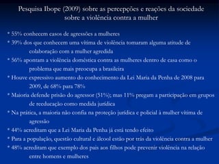 Pesquisa Ibope (2009) sobre as percepções e reações da sociedade
sobre a violência contra a mulher
* 55% conhecem casos de agressões a mulheres
* 39% dos que conhecem uma vítima de violência tomaram alguma atitude de
colaboração com a mulher agredida
* 56% apontam a violência doméstica contra as mulheres dentro de casa como o
problema que mais preocupa a brasileira
* Houve expressivo aumento do conhecimento da Lei Maria da Penha de 2008 para
2009, de 68% para 78%
* Maioria defende prisão do agressor (51%); mas 11% pregam a participação em grupos
de reeducação como medida jurídica
* Na prática, a maioria não confia na proteção jurídica e policial à mulher vítima de
agressão
* 44% acreditam que a Lei Maria da Penha já está tendo efeito
* Para a população, questão cultural e álcool estão por trás da violência contra a mulher
* 48% acreditam que exemplo dos pais aos filhos pode prevenir violência na relação
entre homens e mulheres
 