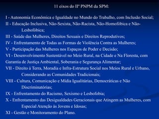 11 eixos do IIº PNPM da SPM:
I - Autonomia Econômica e Igualdade no Mundo do Trabalho, com Inclusão Social;
II - Educação Inclusiva, Não-Sexista, Não-Racista, Não-Homofóbica e Não-
Lesbofóbica;
III - Saúde das Mulheres, Direitos Sexuais e Direitos Reprodutivos;
IV - Enfrentamento de Todas as Formas de Violência Contra as Mulheres;
V - Participação das Mulheres nos Espaços de Poder e Decisão;
VI - Desenvolvimento Sustentável no Meio Rural, na Cidade e Na Floresta, com
Garantia de Justiça Ambiental, Soberania e Segurança Alimentar;
VII - Direito à Terra, Moradia e Infra-Estrutura Social nos Meios Rural e Urbano,
Considerando as Comunidades Tradicionais;
VIII - Cultura, Comunicação e Mídia Igualitárias, Democráticas e Não
Discriminatórias;
IX - Enfrentamento do Racismo, Sexismo e Lesbofobia;
X - Enfrentamento das Desigualdades Geracionais que Atingem as Mulheres, com
Especial Atenção às Jovens e Idosas;
XI - Gestão e Monitoramento do Plano.
 