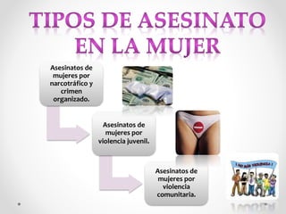 Asesinatos de
mujeres por
narcotráfico y
crimen
organizado.
Asesinatos de
mujeres por
violencia juvenil.
Asesinatos de
mujeres por
violencia
comunitaria.
 