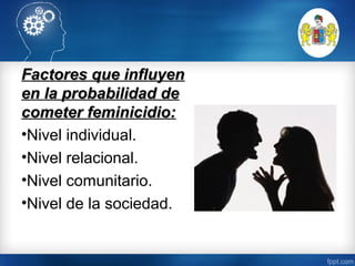 Factores que influyenFactores que influyen
en la probabilidad deen la probabilidad de
cometer feminicidio:cometer feminicidio:
•Nivel individual.
•Nivel relacional.
•Nivel comunitario.
•Nivel de la sociedad.
 