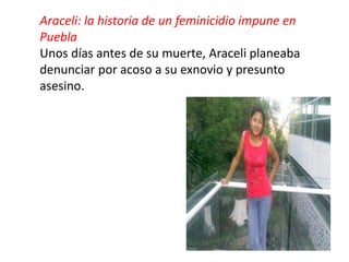 Araceli: la historia de un feminicidio impune en
Puebla
Unos días antes de su muerte, Araceli planeaba
denunciar por acoso a su exnovio y presunto
asesino.
 