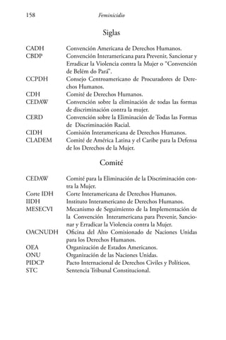 Feminicidio158
Siglas
CADH	 Convención Americana de Derechos Humanos.
CBDP	 Convención Interamericana para Prevenir, Sancionar y
Erradicar la Violencia contra la Mujer o “Convención
de Belém do Pará”.
CCPDH	 Consejo Centroamericano de Procuradores de Dere-
chos Humanos.
CDH	 Comité de Derechos Humanos.
CEDAW	 Convención sobre la eliminación de todas las formas
de discriminación contra la mujer.
CERD	 Convención sobre la Eliminación de Todas las Formas
de Discriminación Racial.
CIDH	 Comisión Interamericana de Derechos Humanos.
CLADEM	 Comité de América Latina y el Caribe para la Defensa
de los Derechos de la Mujer.
Comité
CEDAW	 Comité para la Eliminación de la Discriminación con-
tra la Mujer.
Corte IDH	 Corte Interamericana de Derechos Humanos.
IIDH	 Instituto Interamericano de Derechos Humanos.
MESECVI	 Mecanismo de Seguimiento de la Implementación de
la Convención Interamericana para Prevenir, Sancio-
nar y Erradicar la Violencia contra la Mujer.
OACNUDH	 Oficina del Alto Comisionado de Naciones Unidas
para los Derechos Humanos.
OEA	 Organización de Estados Americanos.
ONU	 Organización de las Naciones Unidas.
PIDCP	 Pacto Internacional de Derechos Civiles y Políticos.
STC	 Sentencia Tribunal Constitucional.
 