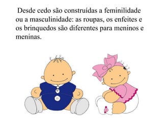 Desde cedo são construídas a feminilidade 
ou a masculinidade: as roupas, os enfeites e 
os brinquedos são diferentes para meninos e 
meninas. 
 