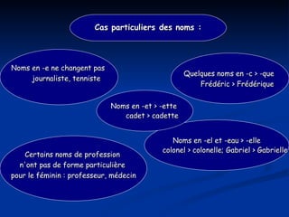 Certains noms de profession  n'ont pas de forme particulière  pour le féminin : professeur, médecin Quelques noms en -c > -que  Frédéric > Frédérique Noms en -el et -eau > -elle colonel > colonelle; Gabriel > Gabrielle Noms en -e ne changent pas  journaliste, tenniste Cas particuliers des noms : Noms en -et > -ette  cadet > cadette 