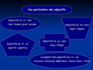 Cas particuliers des adjectifs La plupart des adjectifs en -x > -se  heureux > heureuse  mais  doux > douce vieux > vieille Adjectifs en -s > -sse  bas > basse; gros > grosse Adjectifs en -f> -ve  sportif > sportive Adjectifs en -er >-ère  léger > légère Adjectifs en -g > -gue  long > longue 
