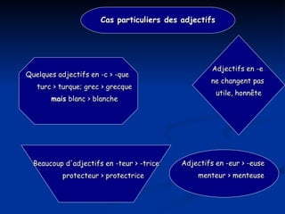 Quelques adjectifs en -c > -que  turc > turque; grec > grecque  mais  blanc > blanche  Adjectifs en -eur > -euse  menteur > menteuse Beaucoup d'adjectifs en -teur > -trice protecteur > protectrice Adjectifs en -e  ne changent pas  utile, honnête Cas particuliers des adjectifs 