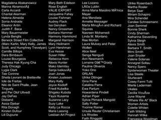 Magdalena Abakanowicz Marina AbramoviÄ‡ Carla Accardi Chantal Akerman Helena Almeida Sonia Andrade Eleanor Antin Judith F. Baca Mary Bauermeister Lynda Benglis Berwick Street Film Collective (Marc Karlin, Mary Kelly, James Scott, and Humphrey Trevelyan) Camille Billops Dara Birnbaum Louise Bourgeois Theresa Hak Kyung Cha Judy Chicago Lygia Clark Tee Corinne Sheila Levrant de Bretteville Iole de Freitas Niki de Saint Phalle, Jean Tinguely and Per Olof Ultvedt Jay DeFeo Disband Assia Djebar Rita Donagh Kirsten Dufour Lili Dujourie Mary Beth Edelson Rose English VALIE EXPORT Jacqueline Fahey Louise Fishman Audrey Flack Isa Genzken Nancy Grossman Barbara Hammer Harmony Hammond Margaret Harrison Mary Heilmann Lynn Hershman Eva Hesse Susan Hiller Rebecca Horn Alexis Hunter Mako Idemitsu Sanja IvekoviÄ‡ Joan Jonas Kirsten Justesen Mary Kelly Joyce Kozloff Friedl Kubelka Shigeko Kubota Yayoi Kusama Suzanne Lacy Suzy Lake Ketty La Rocca Maria Lassnig Lesbian Art Project Lee Lozano LÃ©a Lublin Anna Maria Maiolino MÃ²nica Mayer Ana Mendieta Annette Messager Marta MinujÃ­n and Richard Squires Nasreen Mohamedi Linda M. Montano Ree Morton Laura Mulvey and Peter Wollen Alice Neel Senga Nengudi Ann Newmarch Lorraine Oâ€™Grady Pauline Oliveros Yoko Ono ORLAN Ulrike Ottinger Gina Pane Catalina Parra Ewa Partum Howardena Pindell Adrian Piper Sylvia Plimack Mangold Sally Potter Yvonne Rainer Ursula Reuter Christiansen Lis Rhodes Faith Ringgold Ulrike Rosenbach Martha Rosler Betye Saar Miriam Schapiro Mira Schendel Carolee Schneemann Joan Semmel Bonnie Sherk Cindy Sherman Katharina Sieverding Sylvia Sleigh Alexis Smith Barbara T. Smith Mimi Smith Joan Snyder Valerie Solanas Annegret Soltau Nancy Spero Spiderwoman Theater Lisa Steele Sturtevant Cosey Fanni Tutti Mierle Laderman Ukeles Cecilia VicuÃ±a June Wayne “Where We At” Black Women Artists Colette Whiten Faith Wilding Hannah Wilke Francesca Woodman 