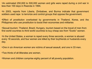 •An estimated 250,000 to 500,000 women and girls were raped during a civil war in
less than 100 days in Rwanda in 1994.

•In 2003, reports from Liberia, Zimbabwe, and Burma indicate that government
soldiers used rape to terrorize and control groups that oppose the government.

•Effect of prostitution overlooked by governments in Thailand, Korea, and the
Philippines who use prostitution to boost their economies and militaries

•Sexual tourism: Thailand, Brazil, Hungary, tourism based on the travel of men from
first world countries to third world countries to buy cheap sex from “Exotic” women.

•In the United States, a woman is raped every three seconds, a woman is abused
every 18 seconds, and four women are killed by their boyfriends or husbands every
day.

•One in six American women are victims of sexual assault, and one in 33 men.

•Two thirds of all illiterates are women.

•Women and children comprise eighty percent of all poverty population.
 