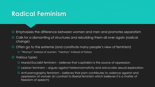 Radical Feminism 
 Emphasizes the difference between women and men and promotes separatism 
 Calls for a dismantling of structures and rebuilding them all over again (radical 
change) 
 Often go to the extreme (and constitute many people’s view of feminism) 
 “Womyn” instead of women, “herstory” instead of history 
 Various types: 
 Marxist/Socialist feminism – believes that capitalism is the source of oppression 
 Lesbian feminism – argues against heteronormativity and advocates sexual exploration 
 Anti-pornography feminism – believes that porn contributes to violence against and 
oppression of women (in contrast to liberal feminism which believes it is a matter of 
freedom of speech) 
 