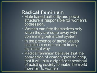 • Male based authority and power
structure is responsible for women’s
oppression.
• Women can free themselves only
when they are done away with
dominating patriarchal system
• In the presence of these values
societies can not reform in any
significant way
• Radical feminism believes that the
oppression of women goes so deep,
that it will take a significant overhaul
of existing society to make the world
more fair to women
 