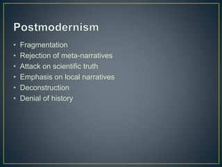 • Fragmentation
• Rejection of meta-narratives
• Attack on scientific truth
• Emphasis on local narratives
• Deconstruction
• Denial of history
 
