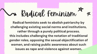 Radical feminists seek to abolish patriarchy by
challenging existing social norms and institutions,
rather through a purely political process.
this includes challenging the notation of traditional
gender roles, opposing the sexual objectification of
women, and raising public awareness about such
issues as rape and violence against women.
 