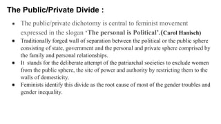The Public/Private Divide :
● The public/private dichotomy is central to feminist movement
expressed in the slogan ‘The pe...