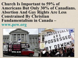 Church Is Important to 59% of
Americans But Only 30% of Canadians.
Abortion And Gay Rights Are Less
Constrained By Christi...