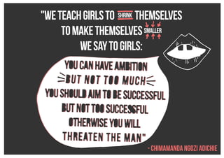 "We teach girls to shrink themselves 
To make themselves smaller 
- Chimamanda Ngozi Adichie 
We say to girls: 
 