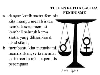 TUJUAN KRITIK SASTRA
FEMINISME
a. dengan kritik sastra feminis
kita mampu menafsirkan
kembali serta menilai
kembali seluruh karya
sastra yang dihasilkan di
abad silam;
b. membantu kita memahami,
menafsirkan, serta menilai
cerita-cerita rekaan penulis
perempuan.
Djananegara
 