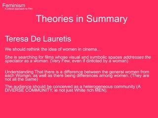 Feminism to Film
 A critical approach




                       Theories in Summary

 Teresa De Lauretis
 We should rethink the idea of women in cinema…
 She is searching for films whose visual and symbolic spaces addresses the
 spectator as a woman. (Very Few, even if directed by a woman)

 Understanding That there is a difference between the general women from
 each Woman, as well as there being differences among women. (They are
 not all the Same)
 The audience should be conceived as a heterogeneous community (A
 DIVERSE COMMUNITY, ie not just White rich MEN).
 