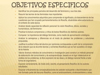 OBJETIVOS ESPECIFICOS
 Identificar los principales periodos del desarrollo del feminismo y sus tres olas.
 Resumir las teorías de las feministas mas importantes.
 Aplicar los conocimientos adquiridos para comprender el significado y la trascendencia de las
cuestiones que han ocupado permanentemente a la filosofía, situándolas adecuadamente en
el contexto de cada época.
 Analizar desde capacidad de reflexión personal l la visión filosóficos, éticos, sociales y
humanísticos, del feminismo-
 Practicar la lectura comprensiva y crítica de textos filosóficos de distintos autores.
 Comparar la importancia del diálogo feminista, como medio de aproximación ontológica.
 Analizar la semejanza y diferencias en el modo de plantear los problemas y soluciones
propuestas.
 Justificar la actitud crítica del alumno por opiniones contrapuestas a partir de la comprensión
de la relación que se da entre teorías y corrientes filosóficas que se han sucedido a lo largo
de la historia
 Valorar diversos métodos de conocimiento e investigación para construir un método personal
de elaboración del conocimiento y de autoaprendizaje, basado en el rigor intelectual en el
análisis de los problemas, la libre expresión de las ideas y el diálogo racional frente a toda
forma de dogmatismo.
 Exponer correctamente, de modo oral y escrito, el pensamiento filosófico de los autores
estudiados.
 Enjuiciar críticamente las conceptualizaciones de carácter excluyente o discriminatorio que
han formado parte del discurso filosófico, como el androcentrismo, el etnocentrismo u otras.
 