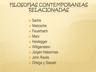 FILOSOFIAS CONTEMPORANEAS
RELACIONADAS
 Sartre
 Nietzsche
 Feuerbach
 Marx
 Heidegger
 Wittgenstein
 Jürgen Habermas
 John Rawls
 Ortega y Gasset
 